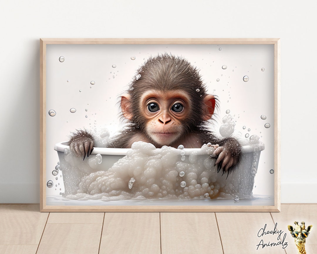 Cute Baby Monkey in the Bathtub, Funny Animal Wall Art, Bathroom Wall