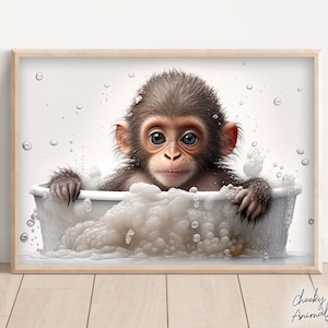Cute Baby Monkey in the Bathtub, Funny Animal Wall Art, Bathroom Wall Print, Monkey Photograph, Printable Home Decor, AI Digital Prints