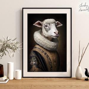 Aristokratische Schafe, lustiges Tier Wand-Dekor, Renaissance Malerei, Schaf-Porträt, schrullige Tierkunst, Wohnkultur, Printables, KI erstellt