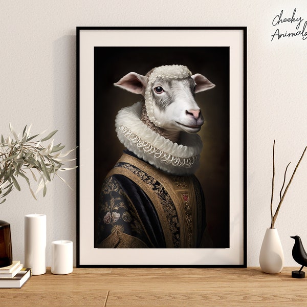 Aristocratische schapen, grappige dieren muur decor, renaissance schilderij, schapen portret, eigenzinnige dieren kunst, decor van het huis, printables, AI gemaakt