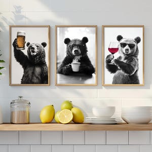 Funny Kitchen Wall Art Bundle, Bear Drinking Beer, Red Wine and Coffee, Home Bar Decor, Cute Kitchen Animal Photo Print, Printable AI Art