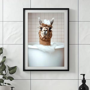 Llama in the Bathtub, Funny Bathroom Wall Art, Cute Llama Taking a Bubble Bath, Laundry Room Decor, Retro Animal Print, Printable AI Art