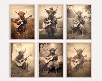 May include: Six sepia-toned photographs of a Highland cow playing a guitar in different poses. The cow is wearing a long, shaggy coat and has a long, flowing mane. The guitar is a standard acoustic guitar with a light wood finish. The photographs are all set in a natural setting, with trees, grass, and a lake in the background.