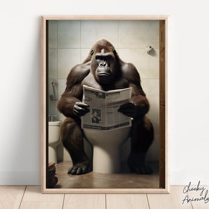 Gorilla Sitting on the Toilet Reading a Newspaper, Funny Bathroom Wall Decor, Funny & Quirky Animal Print, Home Printables, AI Digital Art