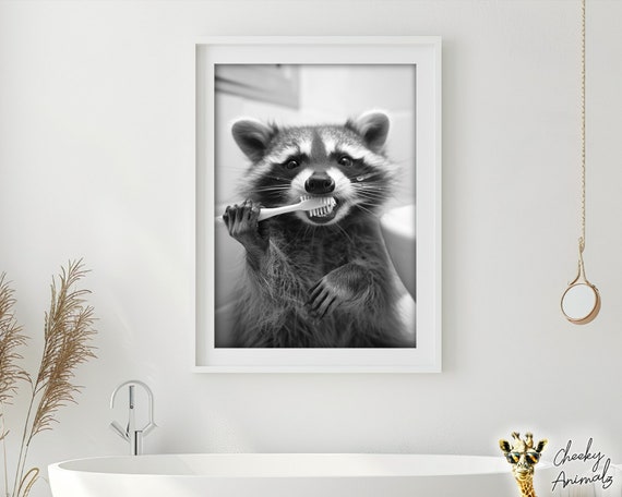 Funny Raccoon Bathroom Art: Vintage Style Animal Print (digital