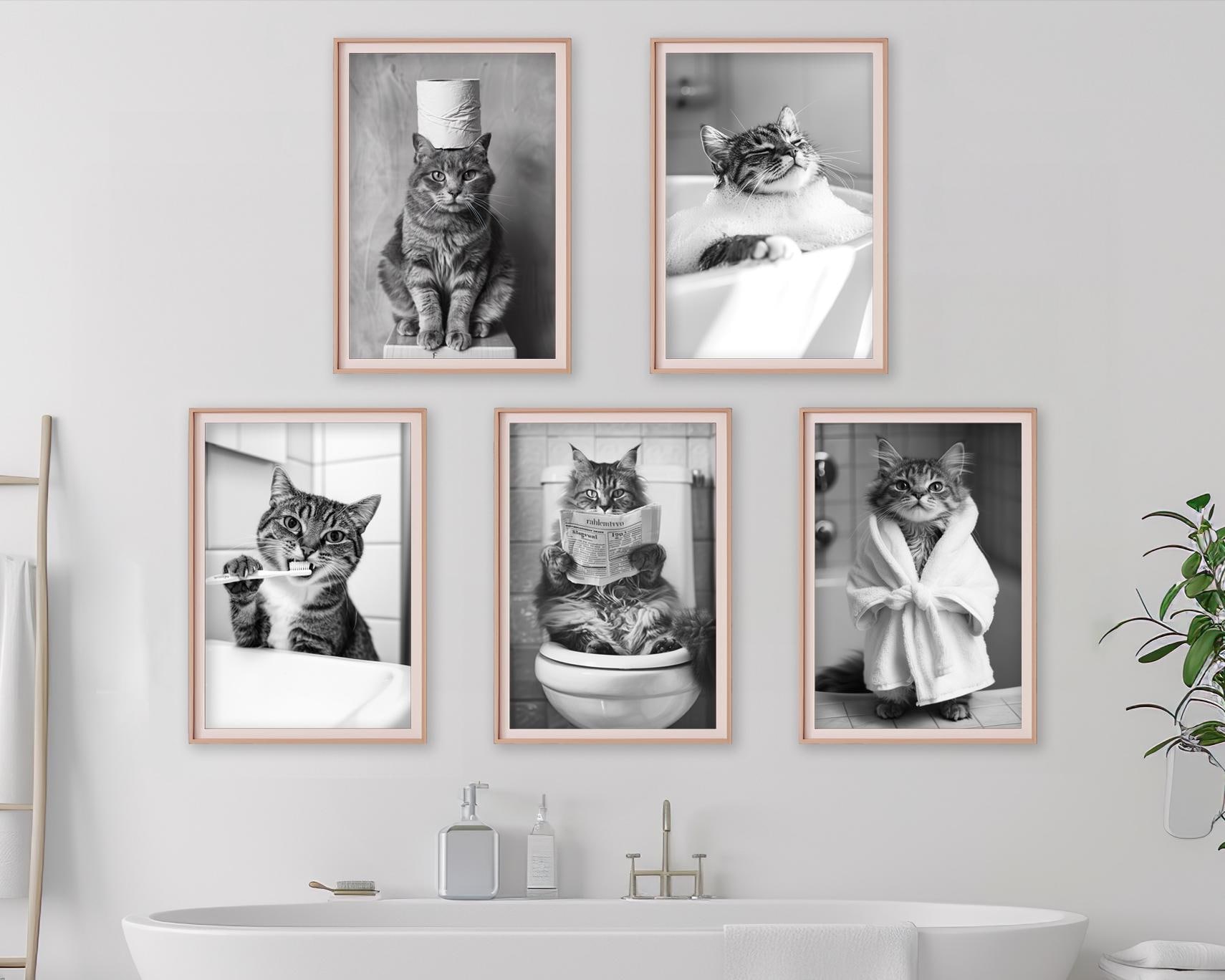 Funny Cat Wall Art Bundle of 5, Cute Animal Bathroom Photo Print Set, Cat on Toilet, Bath, Bathrobe, Brushing Teeth, Printable AI Art