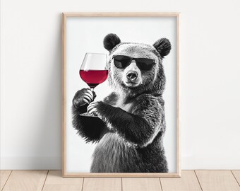 ワインを飲む面白いクマのアートプリント：ホームバーの装飾（デジタル
