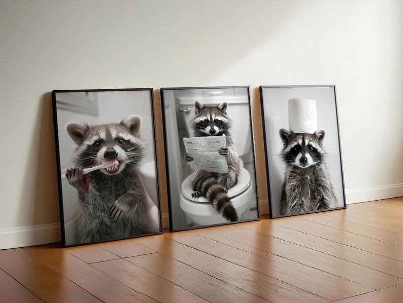 Funny Raccoon Wall Art Bundle: Animals in Bathroom Wall Art Set of 6 ...