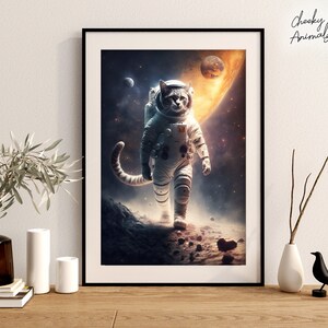 May include: A white cat wearing a white astronaut suit with a red stripe on the chest walks on a rocky surface in space. The cat has a gray tail and is looking straight ahead. The background is a dark blue space with stars and a large orange planet.