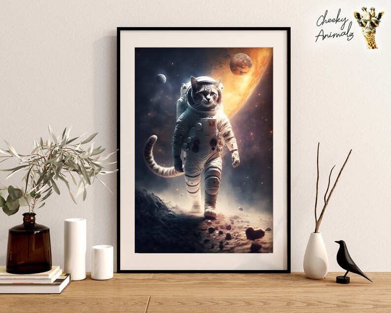 May include: A white cat wearing a white astronaut suit with a red stripe on the chest walks on a rocky surface in space. The cat has a gray tail and is looking straight ahead. The background is a dark blue space with stars and a large orange planet.
