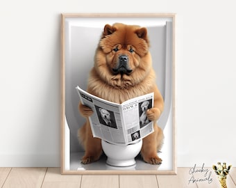 Funny Chow Chow Bathroom Print: Dog on Toilet Reading Newspaper