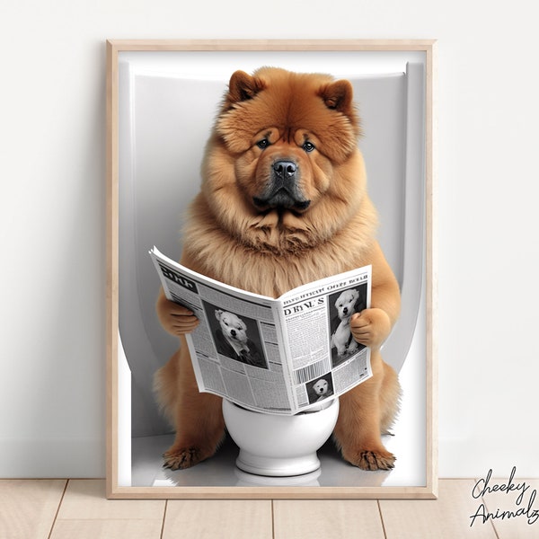 Chow Chow Sitting on the Toilet Reading a Newspaper, Funny Bathroom Wall Art, Funny Dog Photo, Animal Prints, Home Printable, AI Digital Art