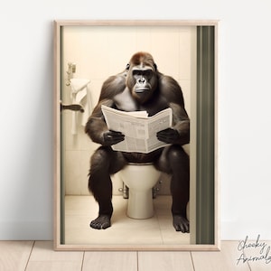 Gorilla Sitting on the Toilet Reading a Newspaper, Funny Bathroom Wall Decor, Funny & Quirky Animal Print, Home Printables, AI Digital Art