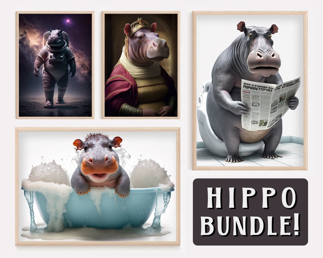 Funny Hippo Bundle, Funny Printable Animal Wall Art, Astronaut Space