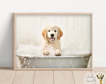 Golden Retriever Pup in Bathtub: Funny Bathroom Print (Digital Download)