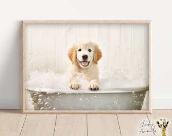 Golden Retriever Pup in the Bathtub, Cute Dog Photograph, Bubble Bath, Funny Animal Prints, Funny Bathroom Wall Art, Printables, AI Art