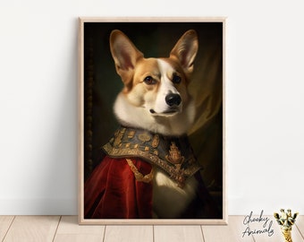 貴族風コーギーの肖像画プリント、ルネッサンス時代の愉快な犬のアート