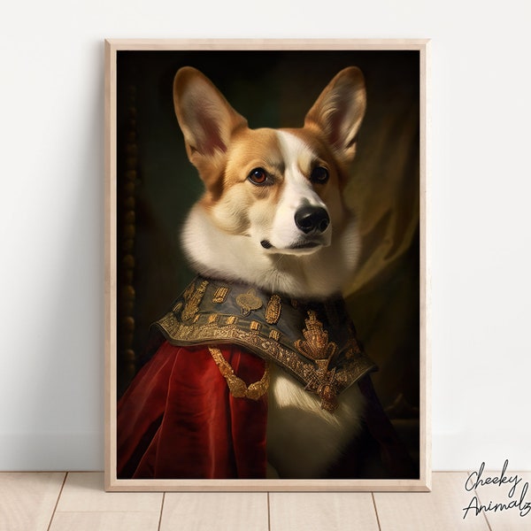 Aristocratic Corgi, Funny Dog Wall Art, Renaissance Painting, Dog Portrait Print, Quirky Animal Art, Home Decor, Printables, AI Digital Art