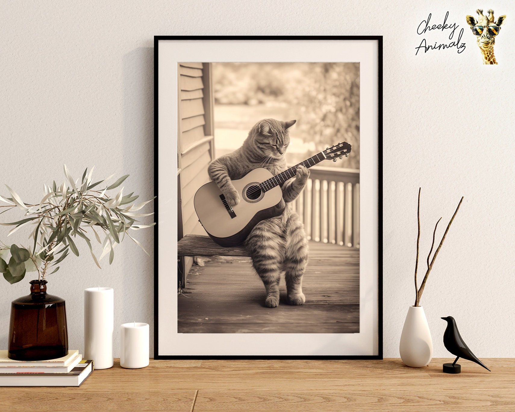 Funny Cat Playing Guitar Print: Vintage Animal Photograph (digital