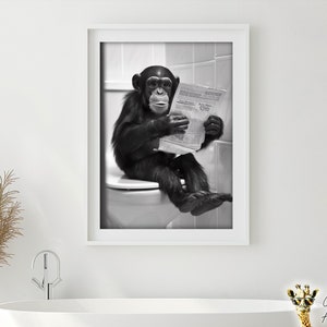 Monkey Sitting on the Toilet Reading a Newspaper, Funny Bathroom Wall Art, Funny Vintage Style Animal Photo, Animal Print, Printable AI Art