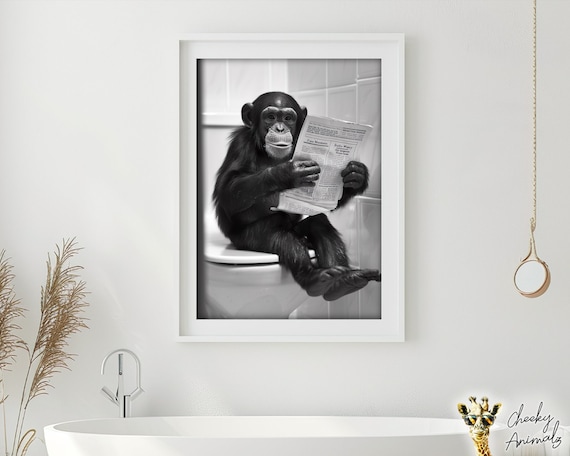 Divertente decorazione per il bagno con scimmia, senza cornice (30,5 x 40,6 cm), decorazione da parete per bagno, decorazione da parete in bianco e