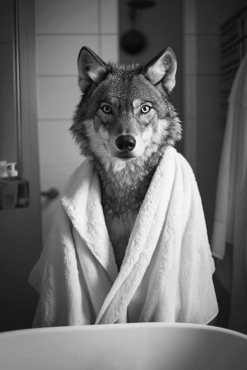 Wolves Bath Funny Wolf in Bathrobe Print: Retro Bathroom Animal Wall Art (digital ...