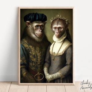 Pareja de monos aristocráticos, arte animal divertido, pintura renacentista, señor y señora mono, para él y para ella, decoración de dormitorio, imprimibles, creados con inteligencia artificial