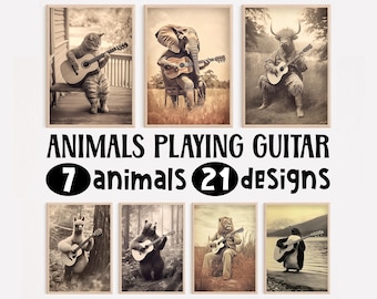 May include: A set of 7 animal illustrations playing guitars. The animals include a cat, elephant, bull, llama, bear, lion, and penguin. The text "Animals Playing Guitar 7 animals 21 designs" is at the top of the image.