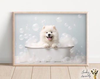 Samoyed Pup in the Bathtub, Cute Dog Photograph, Samoyed in Bubble Bath, Funny Animal Prints, Funny Bathroom Wall Art, Printables, AI Art