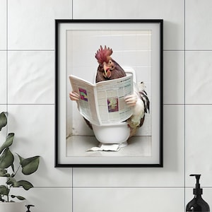 Funny Chicken Bathroom Wall Art, Chicken on Toilet Reading Newspaper, Laundry Room Decor, Toilet Humor, Cute Animal Print, Printable AI Art
