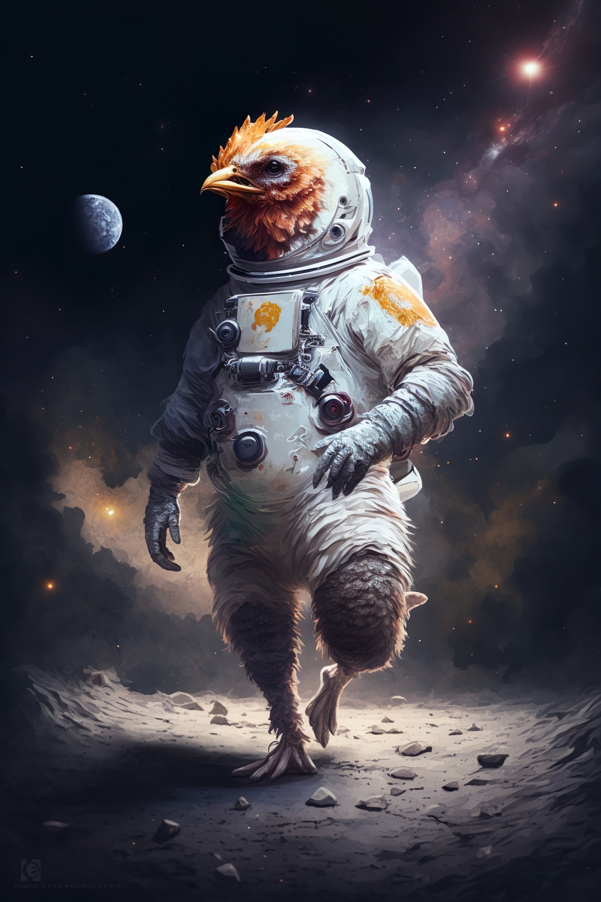 宇宙飛行士の鶏のアートプリント：宇宙服を着た面白い動物（デジタル 