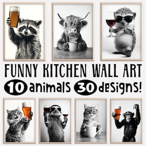 Lustige Küche Wand Kunst Bundle, Tiere trinken Bier, Rotwein und Kaffee, Hausbar Dekor, süße Küche Tier Fotodruck, druckbare AI Art