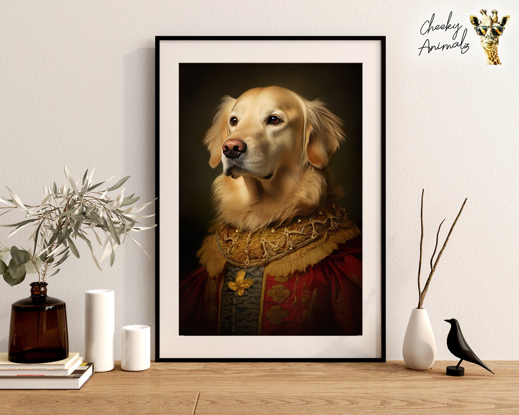 気品ある犬の肖像版画、アンティーク．リトグラフ ルネッサンス・ゴールデン・レトリバーの肖像：面白い犬のアート