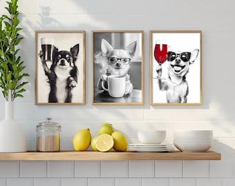 May include: Set of three framed prints featuring Chihuahua dogs. One holds a beer, another sips coffee, and the third wears sunglasses and holds a wine glass. The prints are in black and white with wooden frames, creating a humorous and stylish wall art set.