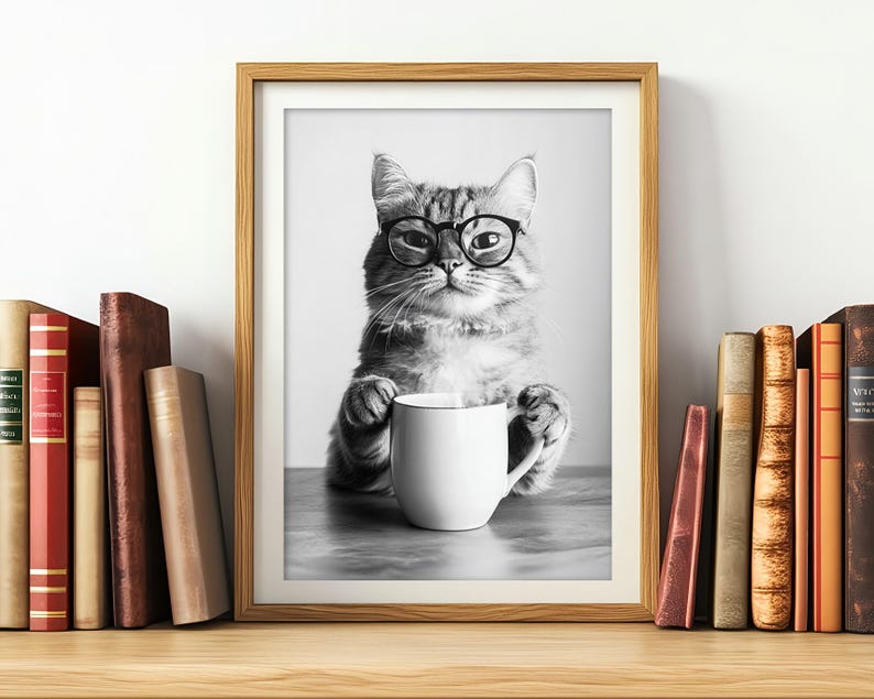 May include: Black and white photo of a cat wearing glasses and holding a white mug. The cat is sitting at a table with a book shelf in the background.