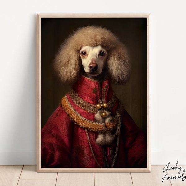 Aristokratischer Pudel, lustige Hunde Wandkunst, Renaissance Malerei, Hundeportrait Druck, schrullige Tierkunst, Home Decor, Printables, AI Digital Art