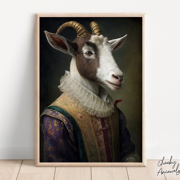 Aristocratic Goat, Funny Animal Wall Decor, Renaissance Painting, Goat Portrait, Quirky Animal Art, Home Decor, Printables, AI Digital Art