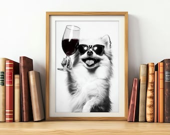 Impression d'art chien de Poméranie avec vin : décoration de cuisine amusante (téléchargement numérique)