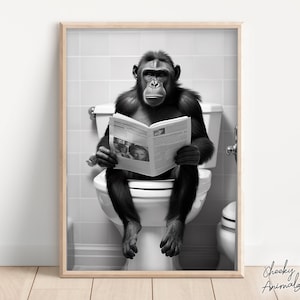 Bonobo Ape Sitting on the Toilet Reading a Newspaper, Funny Bathroom Wall Art, Funny Monkey Print, Funny Animal Photo, Printables, AI Art