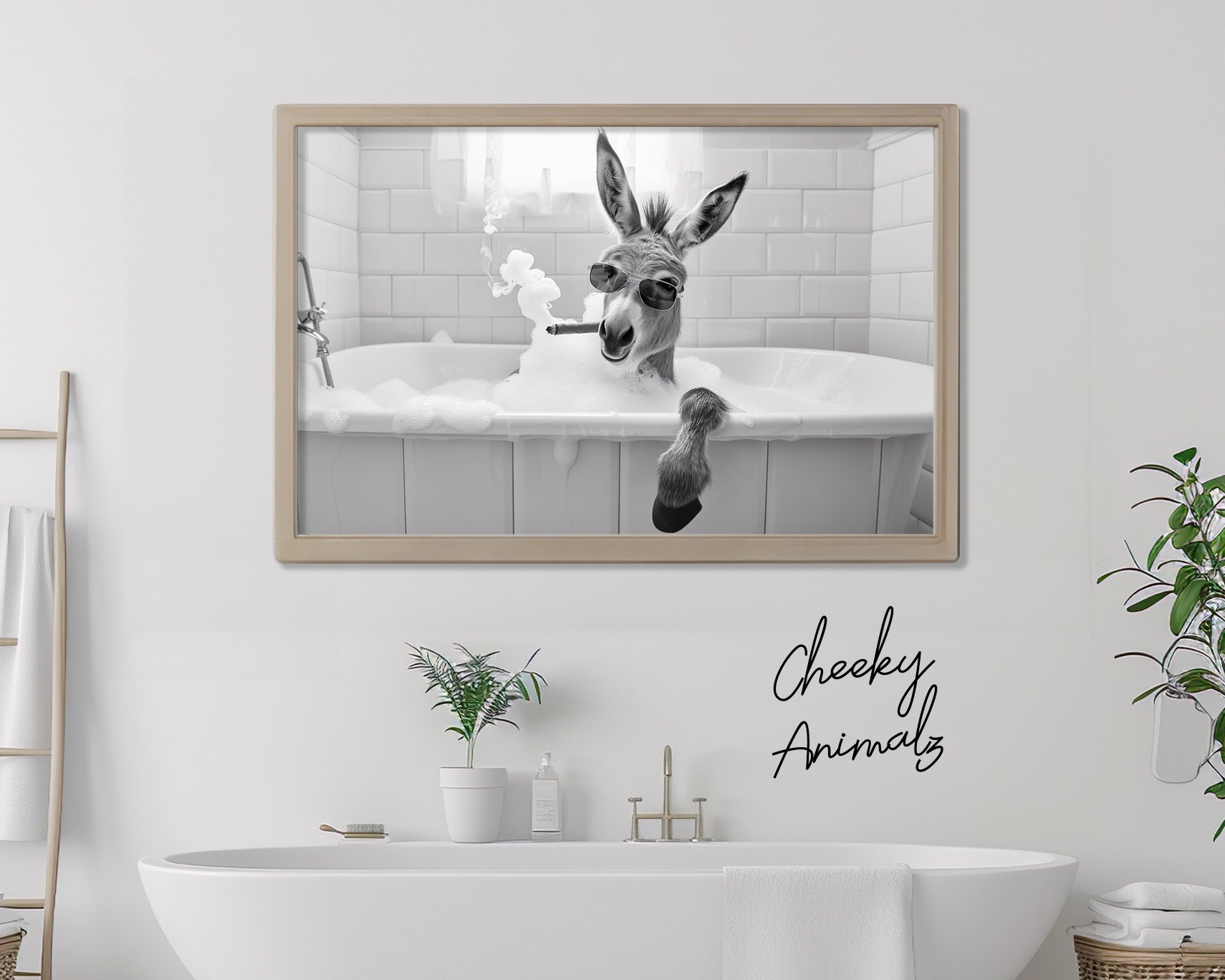 Dazzlewall Quadro Su Tela Per Bagno Con Asino - Poster Divertente Bianco E Nero 30x40 Cm, Senza Cornice