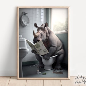 Rhino Sitting on the Toilet Reading a Newspaper, Funny Bathroom Humor, Wall Decor, Funny Animal Print, Home Printables, AI Digital Prints