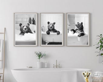 Badkamerprintset Funny Bear: eigenzinnige dierenmuurkunst (digitale download)