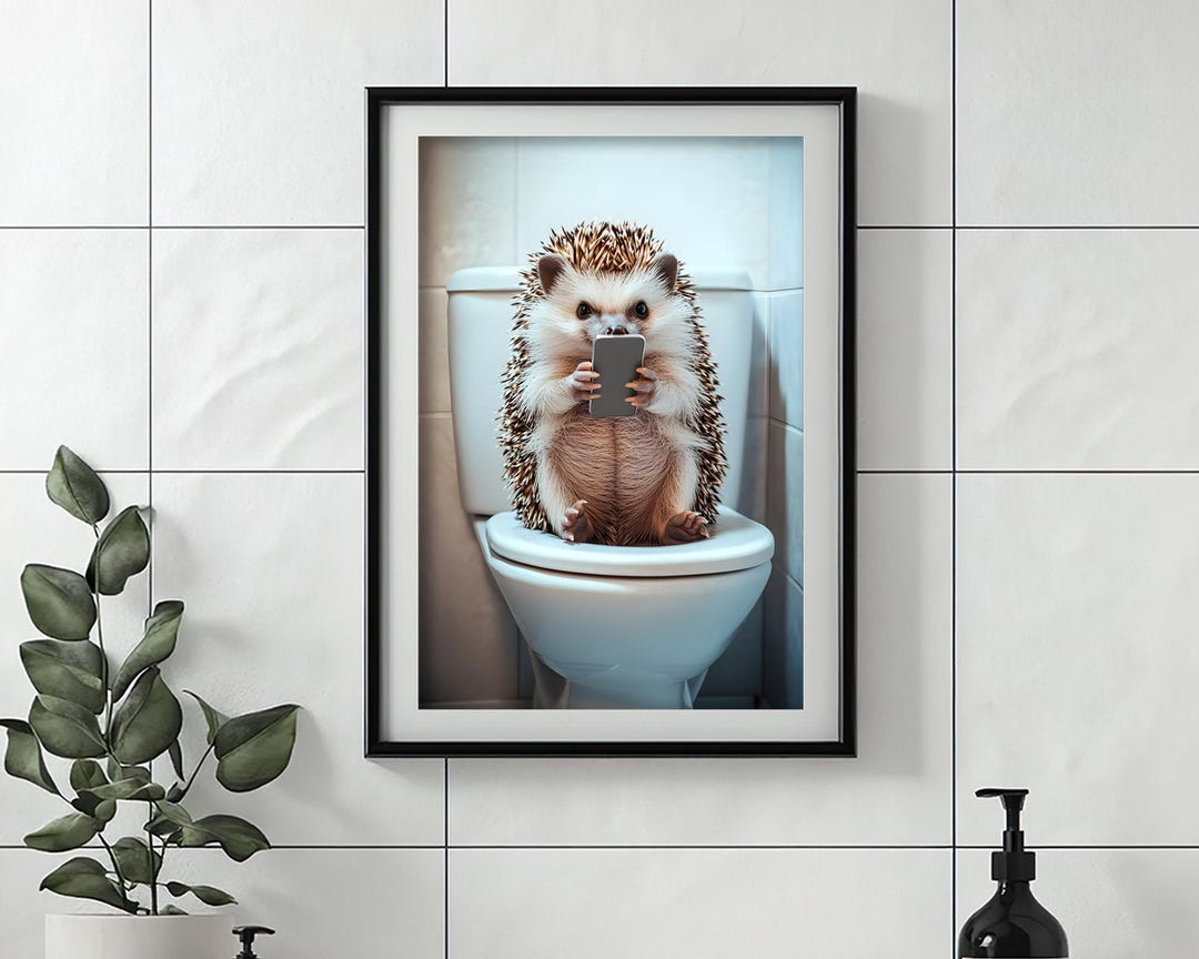 Hedgehog Sitting on the Toilet Watching Phone, Funny Bathroom Wall Art ...