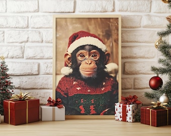 Impresión de mono navideño divertido: Arte mural retro navideño (descarga digital)