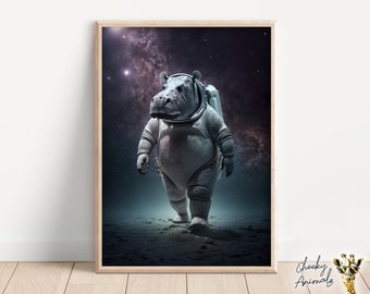 Astronaut Hippo, Futuristic Animal Wall Art Print, Hippo in a Spacesuit, Funny Hippopotamus, Quirky Animal Humor, Printables, AI Digital Art