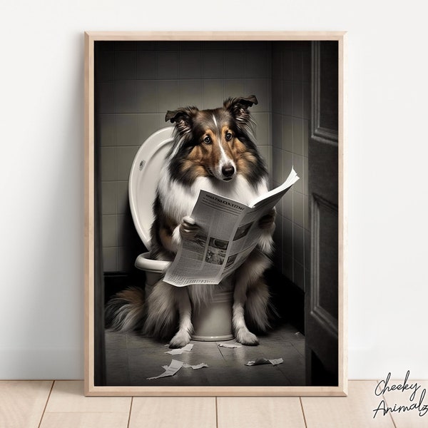 Collie Sitting on the Toilet Reading a Newspaper, Funny Bathroom Wall Art, Funny Dog Photo, Animal Prints, Home Printables, AI Digital Print