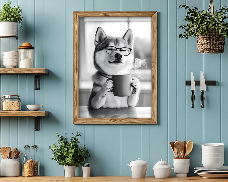 May include: Black and white photo of a dog wearing glasses and holding a mug of coffee. The dog is sitting in front of a window. The photo is framed in a brown wooden frame.