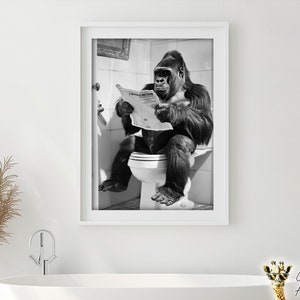Gorilla Sitting on the Toilet Reading a Newspaper, Funny Bathroom Wall Art, Funny Vintage Style Animal Photo, Animal Print, Printable AI Art