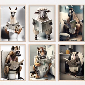 Toiling Animals Funny Animal Bathroom Prints: Animals on Toilet Wall Art, Set of 36 ...