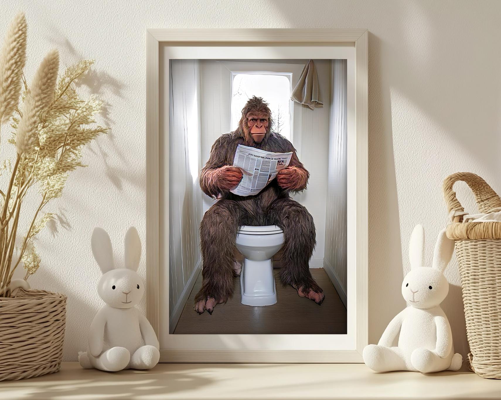 Funny Sasquatch Bathroom Wall Art, Bigfoot on Toilet Reading